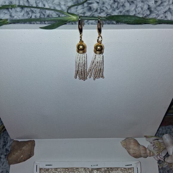 Bohemian Beige Beaded Gold Tassel Earring Set Handmade - Picture 5 of 5